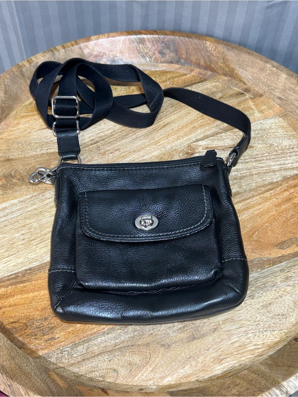 Black Leather Crossbody Organizer Bag Teal Lining Turn Lock